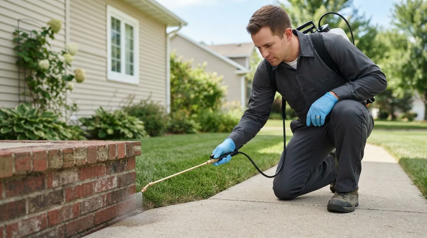 Pest control technician treating a home near Crooksville, OH