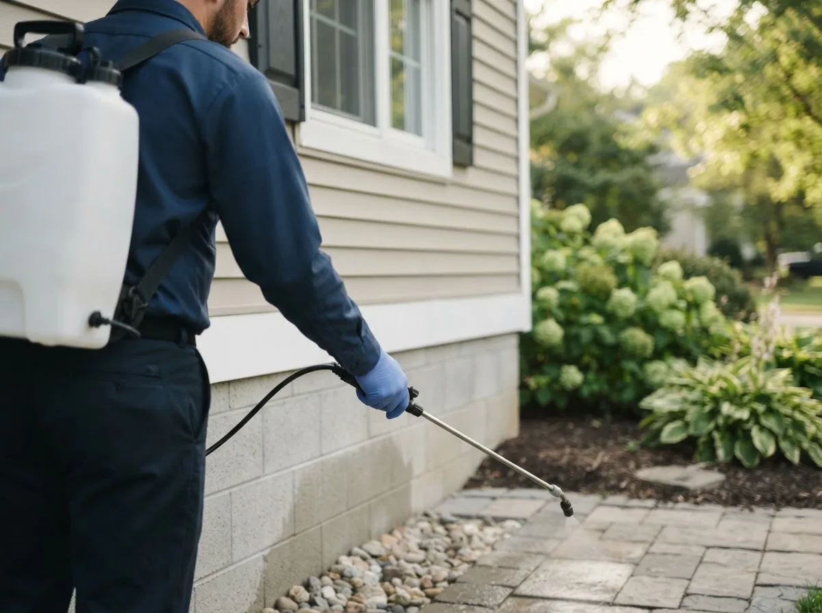 Pest control technician inspecting a home in Crooksville, OH